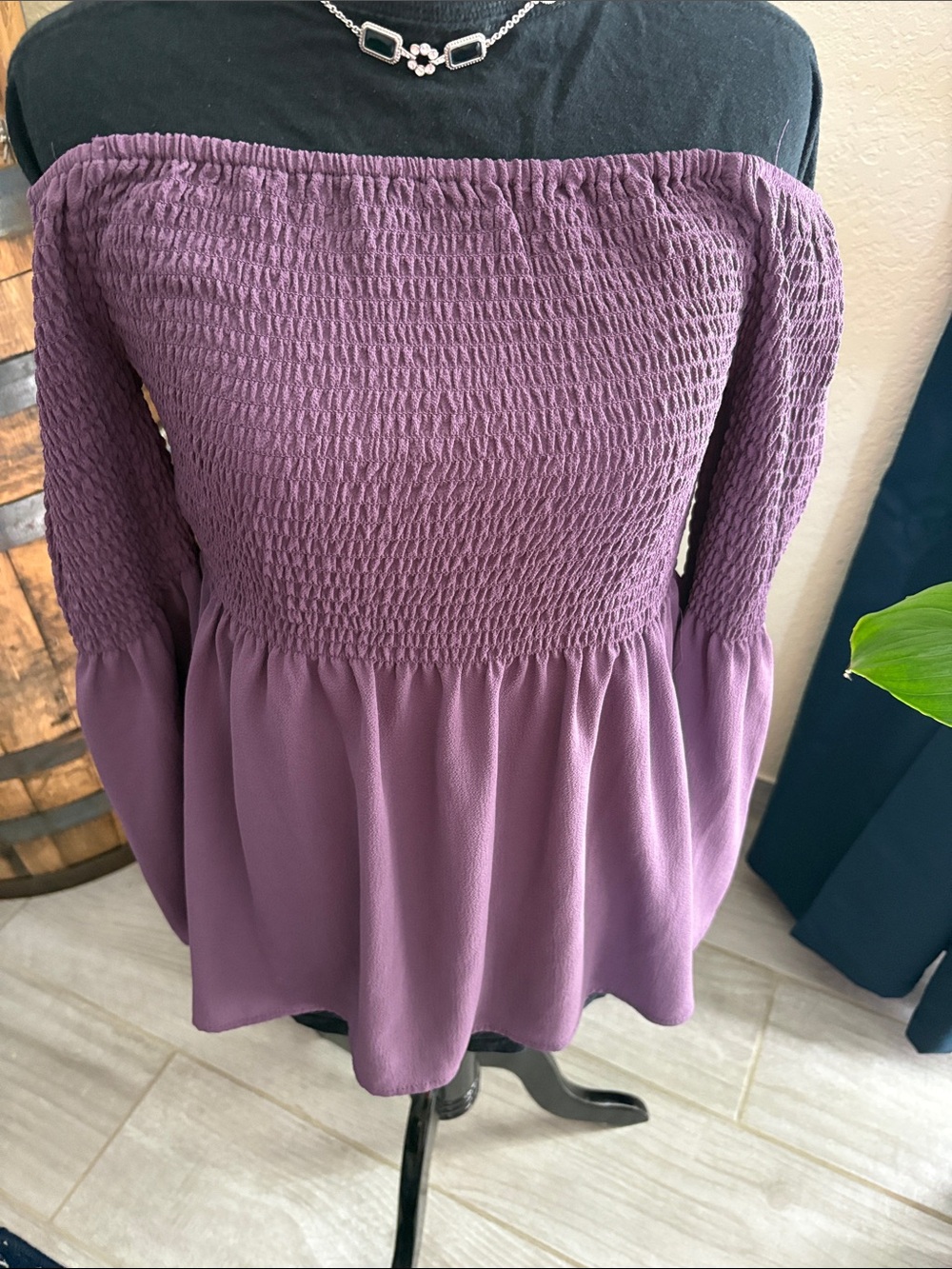 Off-Shoulder Long Sleeve Top - Plum
